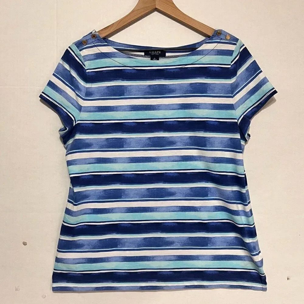 Chaps Short Sleeve Blue Striped Top โSz L